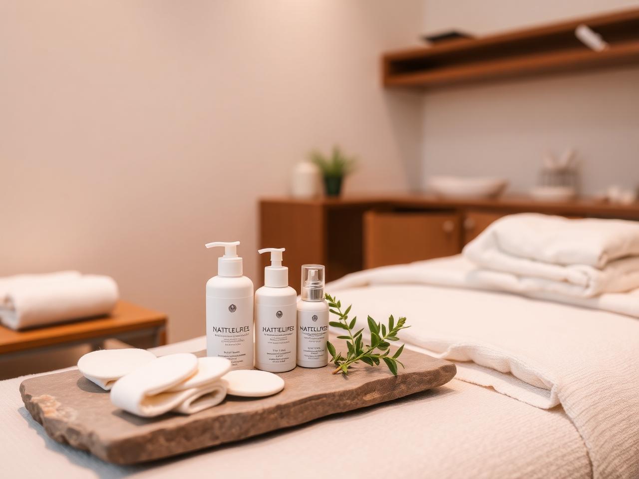 Facial treatment room with natural skin-care products arranged on a stone tray