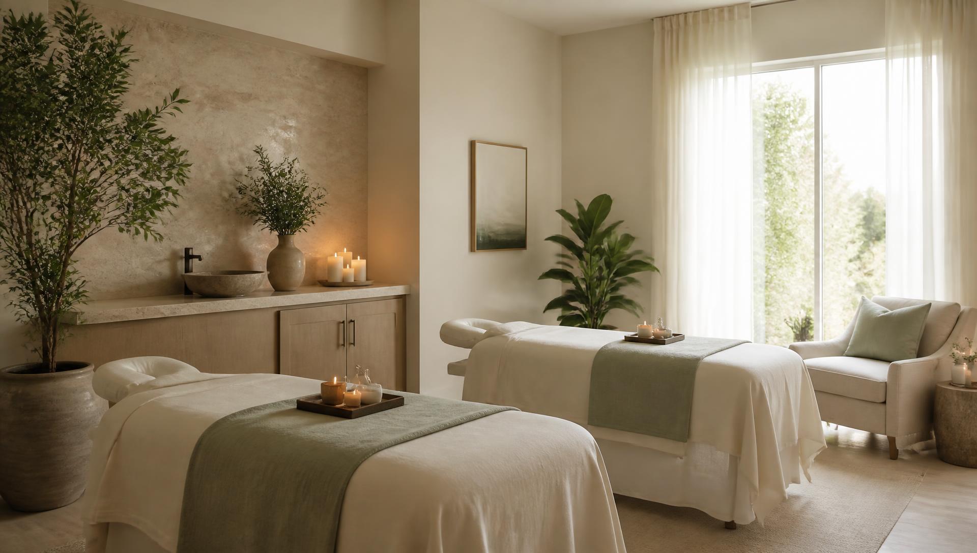 Calm Alpha Spa relaxation room with cream linens, sage accents, candles, and plants